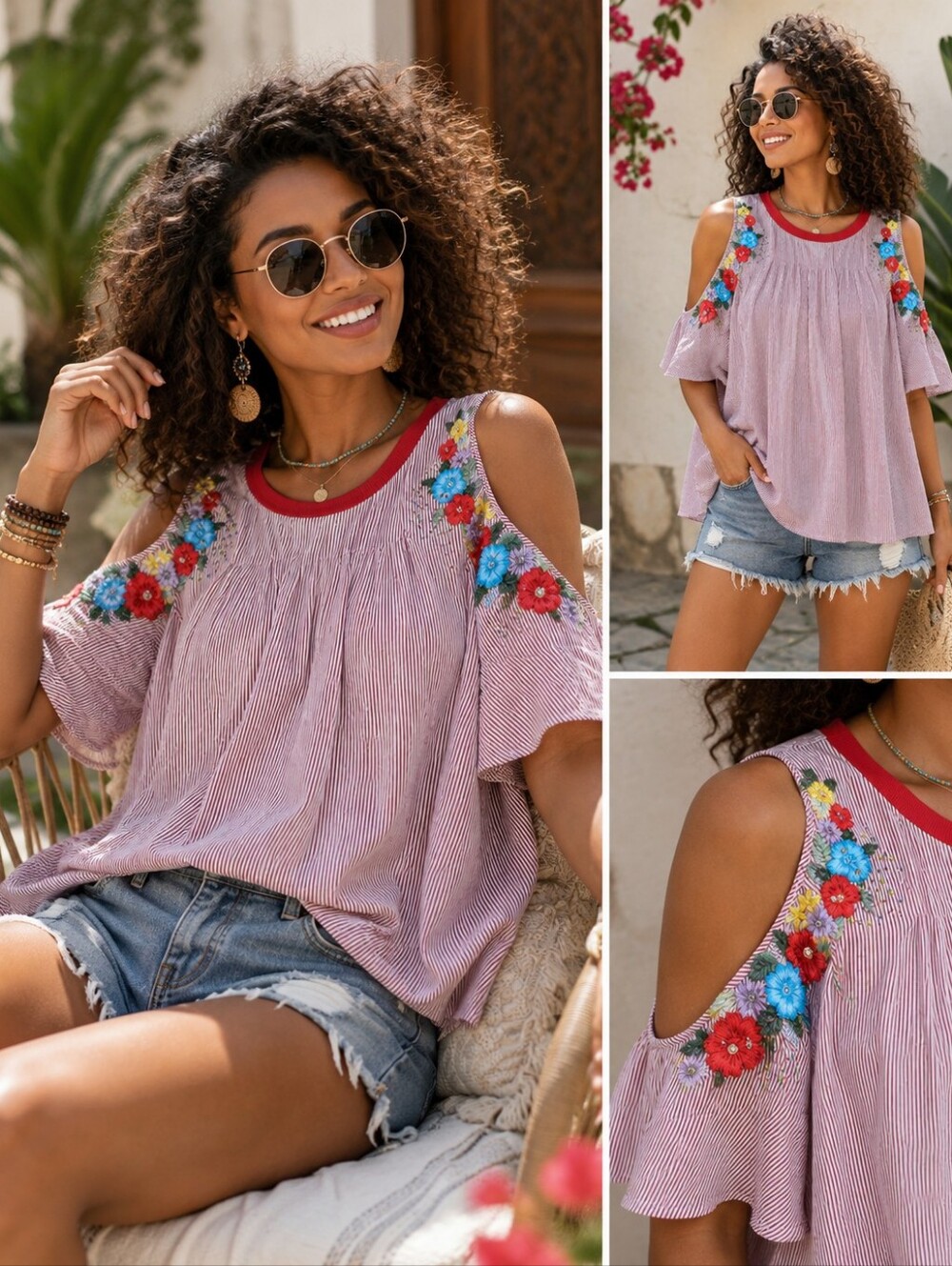 Boho Embroidered Cold Shoulder Striped Top | Floral Beaded Blouse